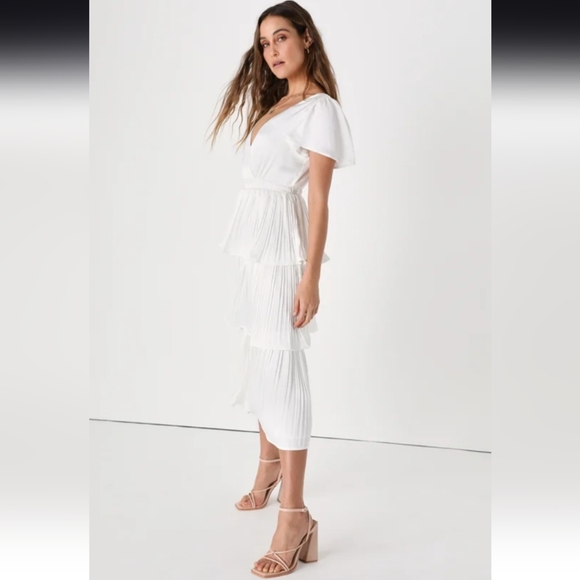 Lulus Twirl-wind Romance White Satin Pleated Tiered Midi Dress Size XL NWT - Picture 4 of 10